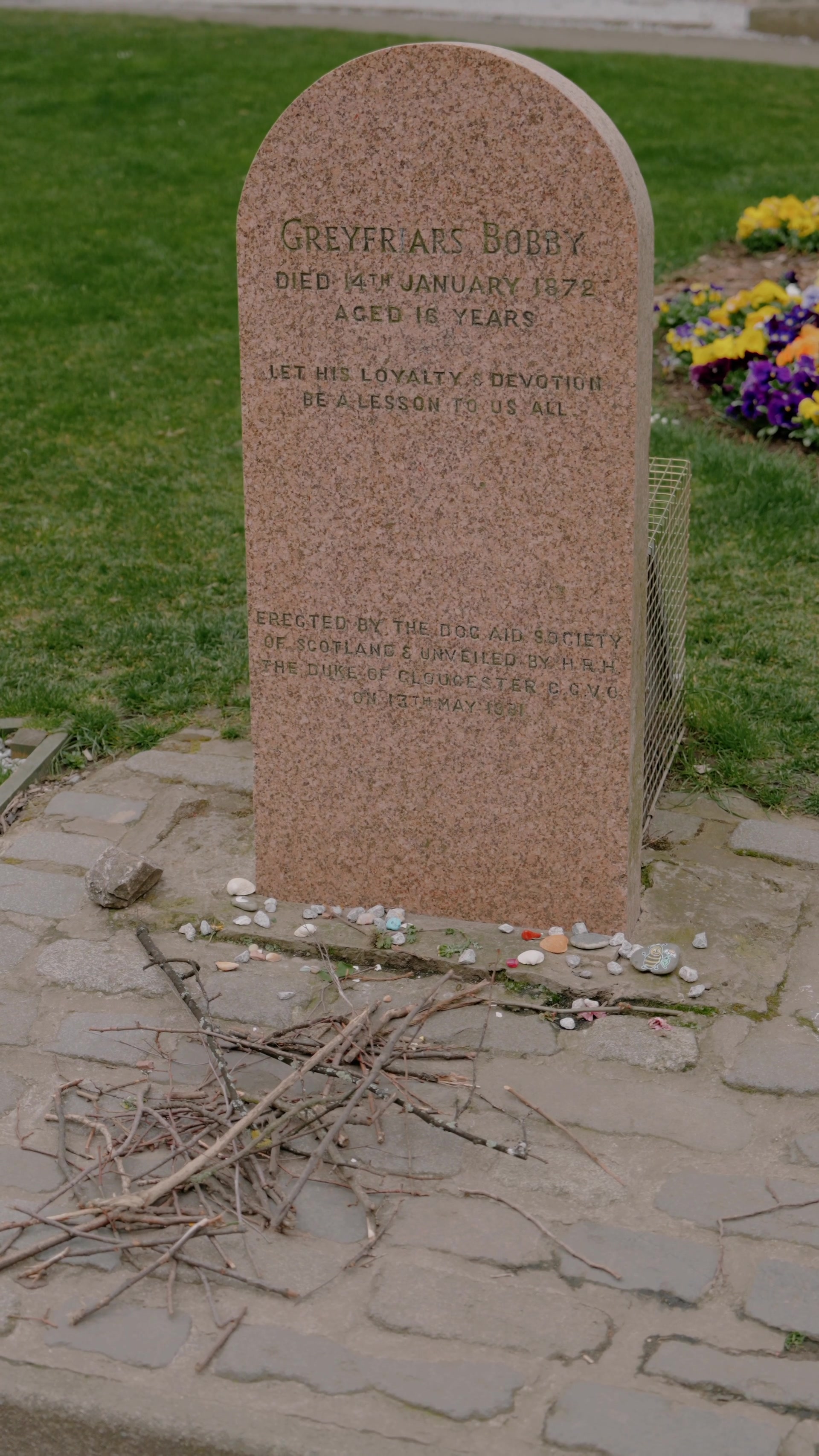 Greyfriars Bobby's granite headstone in a kirkyard