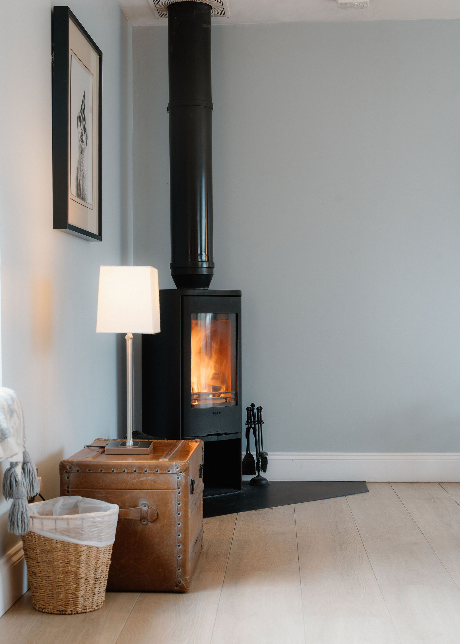 A wood-burning stove burns in the corner of a pale blue room beside a leather trunk with a lamp and a framed meerkat drawing.