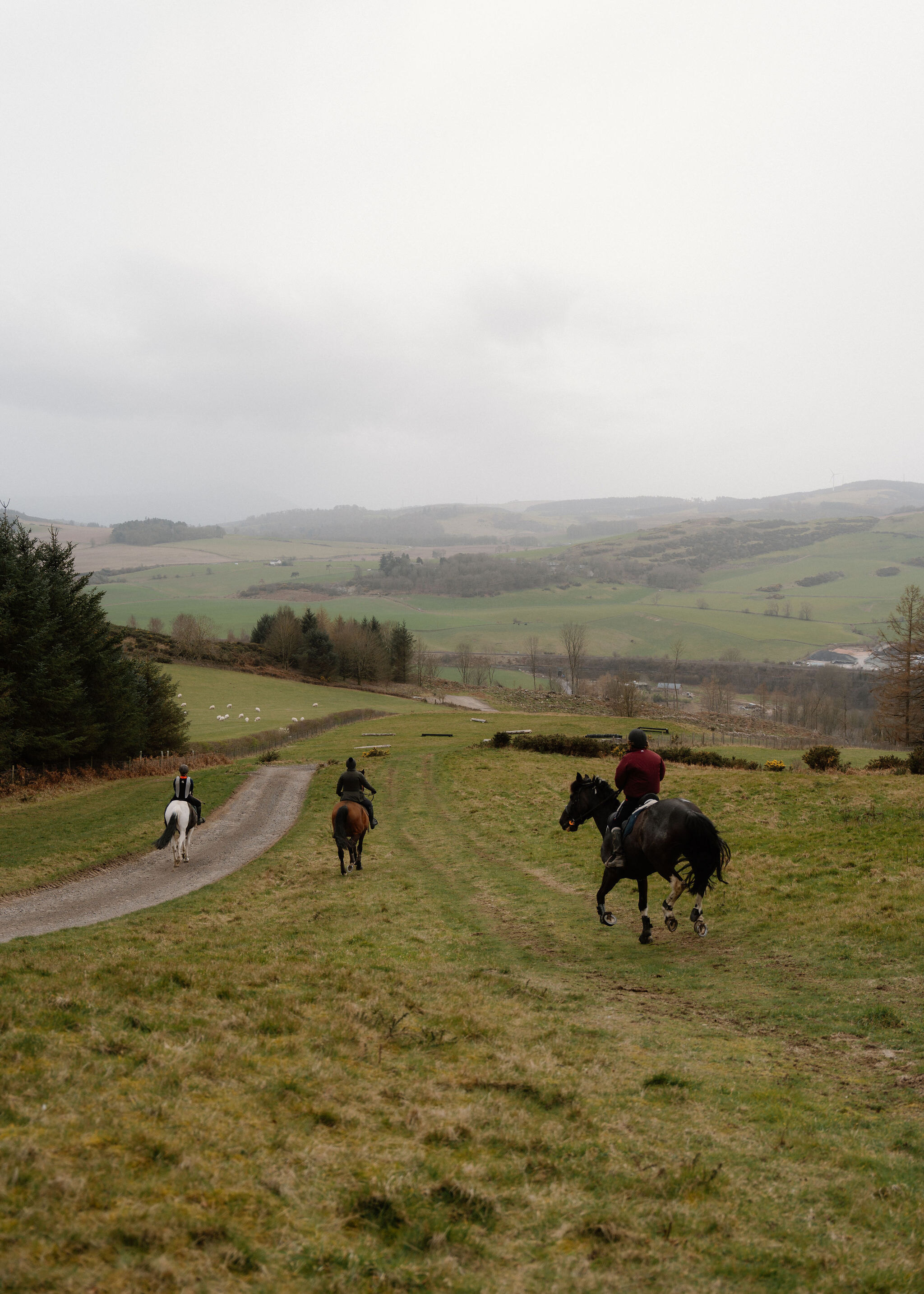 Three riders on a piebald, a bay and a black horse head downhill beside a gravel farm track towards a misty valley of fields.
