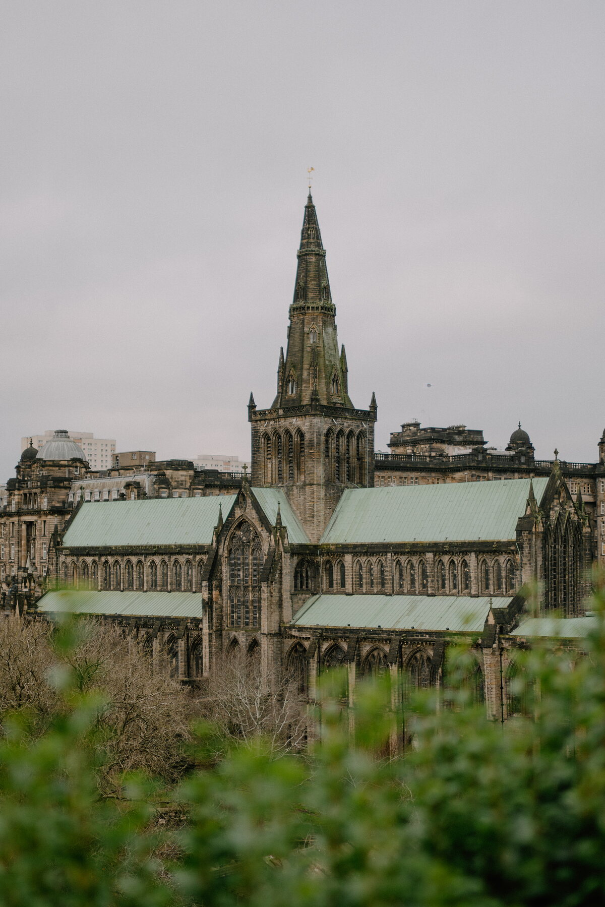 A gothic cathedral with a tall crowned spire and green copper roofs rises above surrounding rooftops, bare trees framing the view.