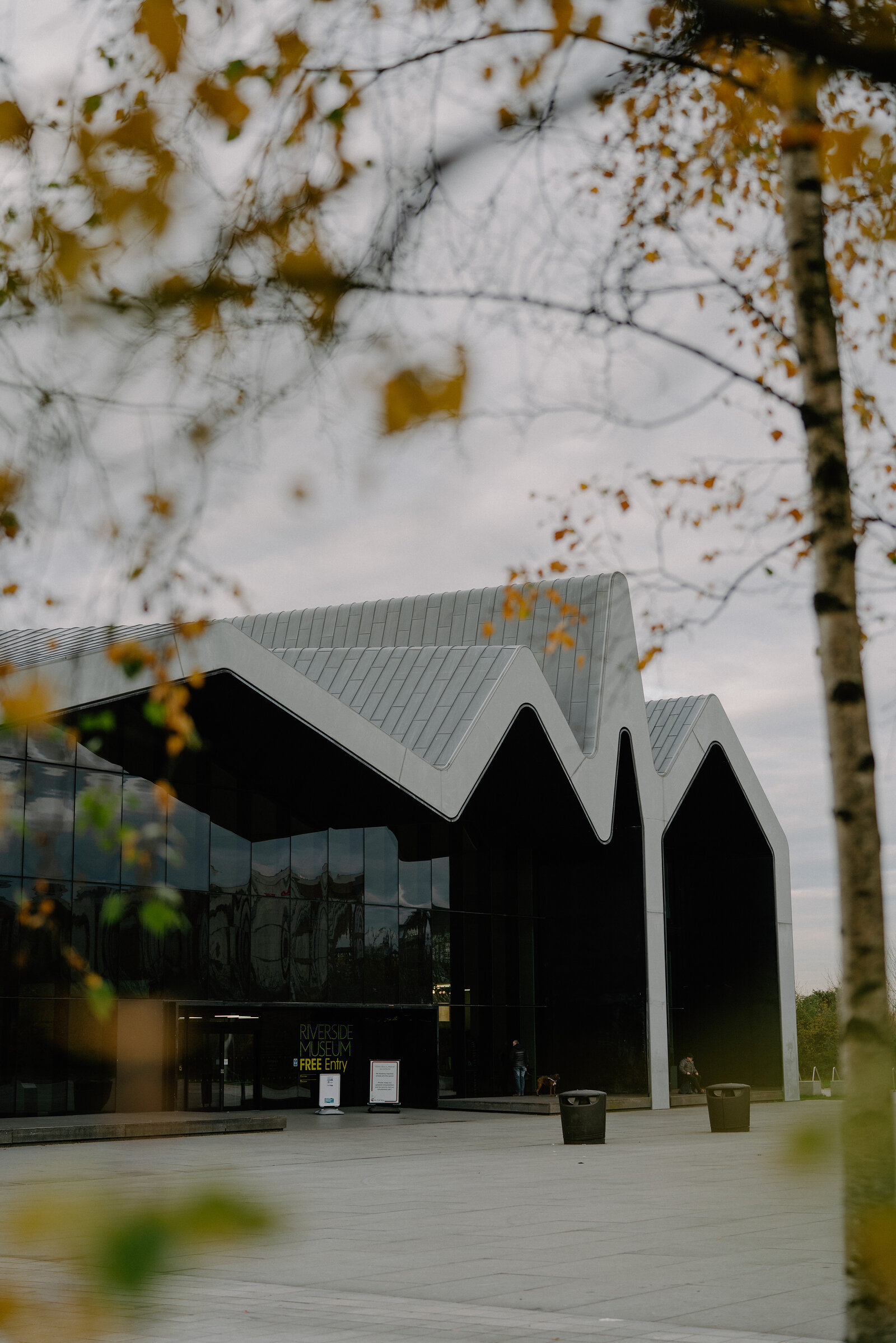 A zigzag-roofed museum building with a glass facade is framed through autumn leaves, a lit sign reading 'Free Entry' visible at the entrance.