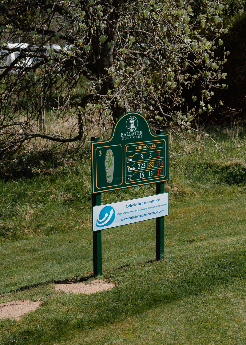 The 3rd tee sign at Ballater Golf Club, The Dooker, par 3, 223 yards from the white tees.