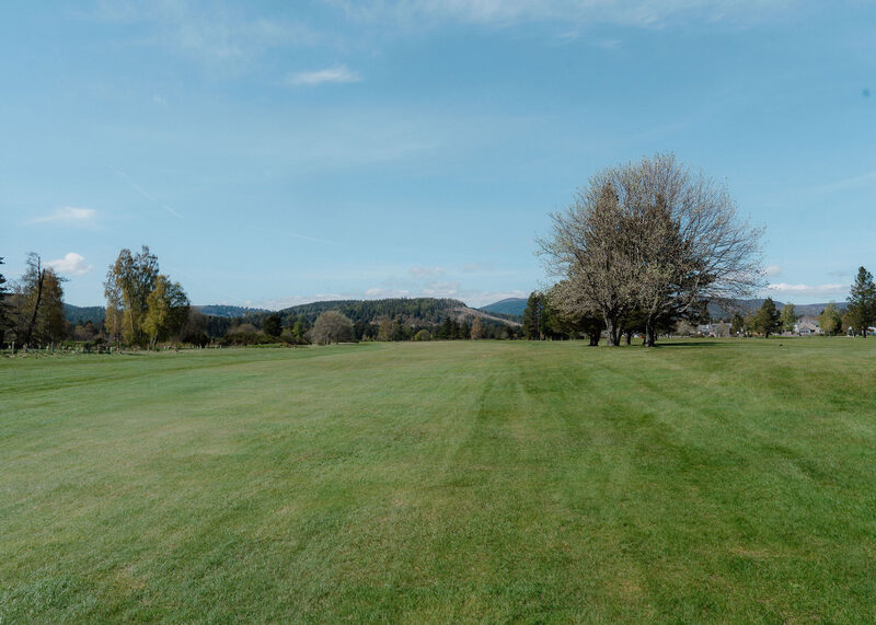 A wide mown fairway with a bare tree and low hills beyond.