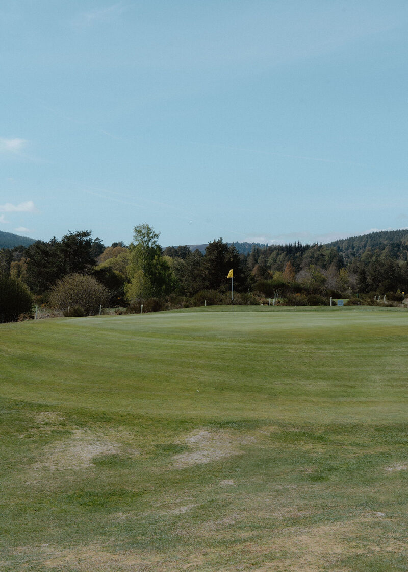 A green with a yellow flag behind gorse and trees.