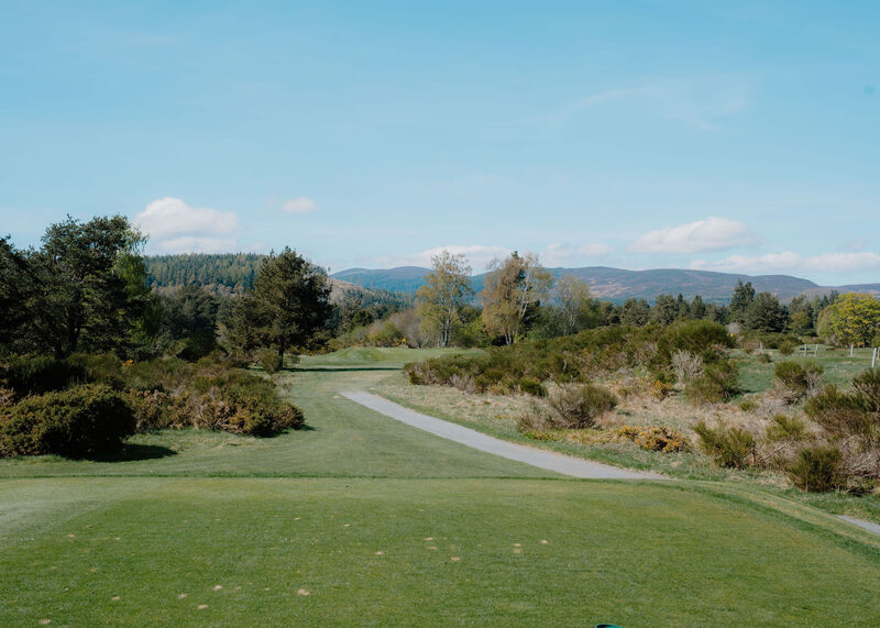 A buggy path winding past gorse and broom from a tee towards a green, with hills behind.