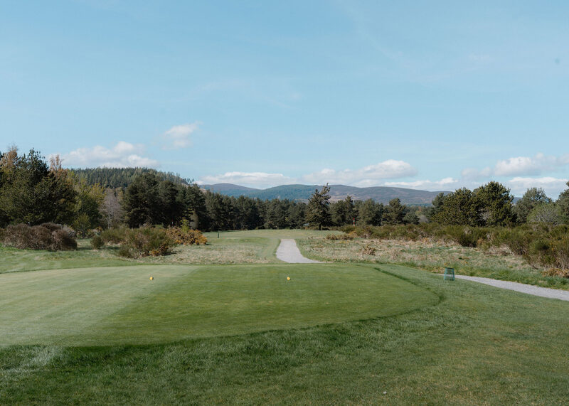 A tee looking down a fairway lined with heather and broom towards pines and hills.