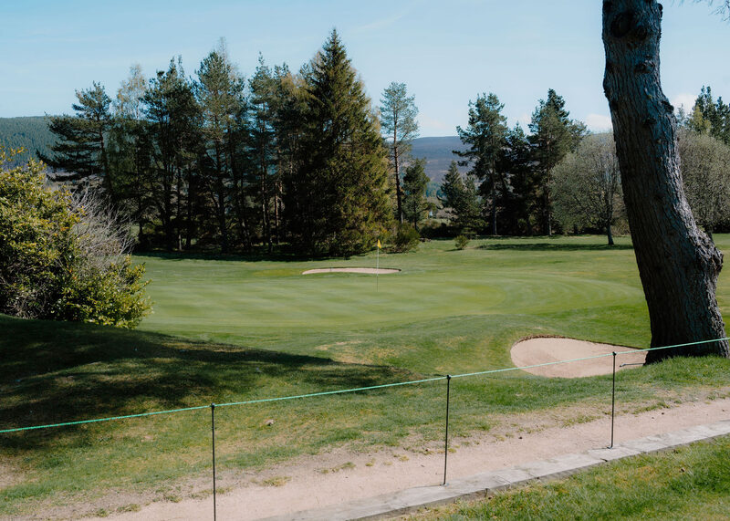 A green with sand bunkers below tall pines, roped off from a path.