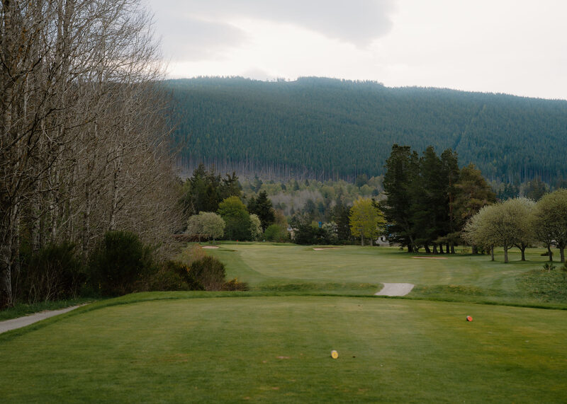 A tee looking down to a green below a forested hill.