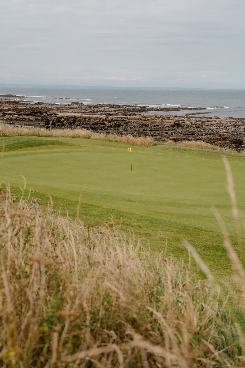 A putting green bordered by rocky coastline and the sea, a yellow flag marking the hole, dune grass in the foreground