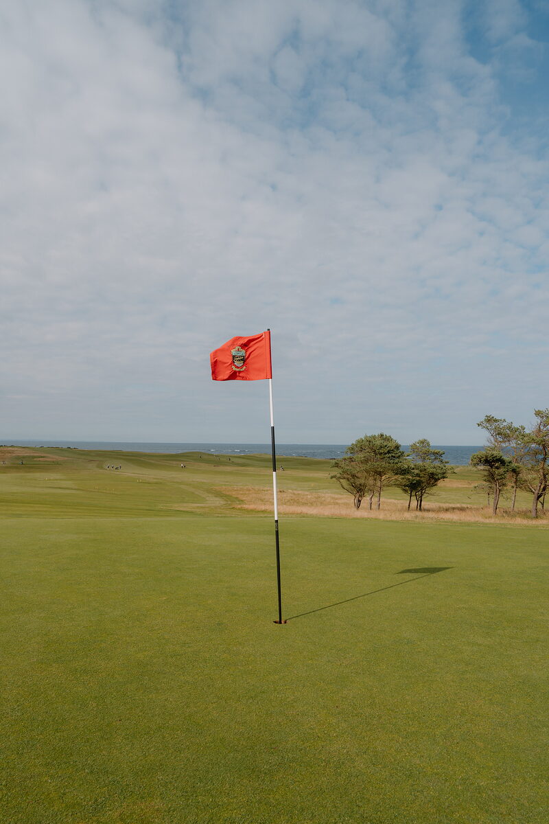 A red flag marking a green, trees lining the fairway and the sea visible on the horizon