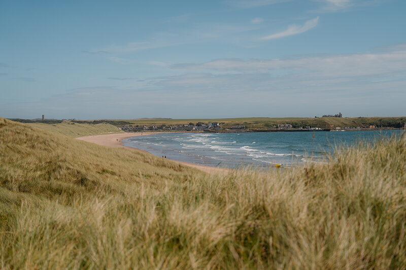 A sandy beach curving beneath grassy dunes towards a distant headland, a lighthouse visible on the far shore
