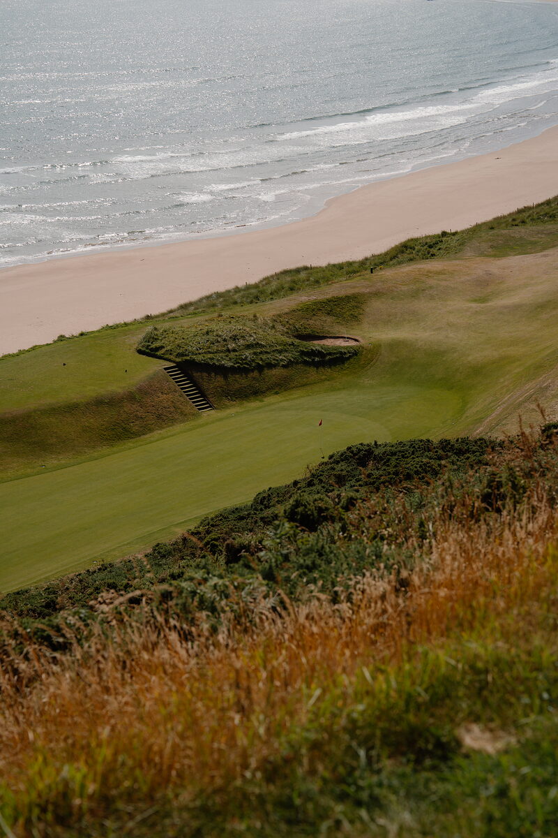 Wooden steps descending through a green towards a sandy beach and the sea