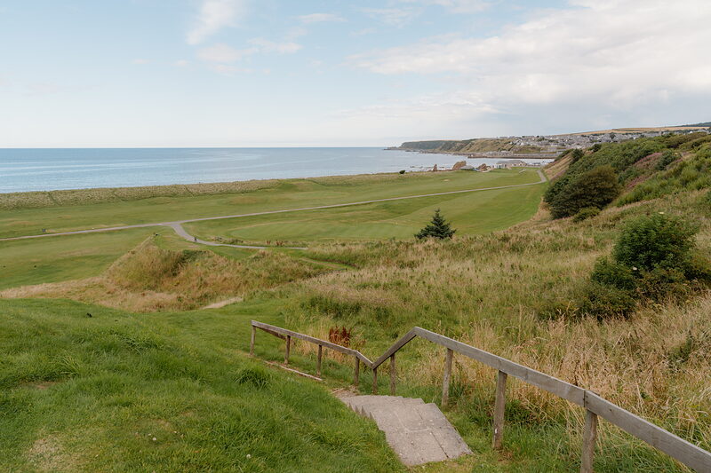 Wooden steps descending through grass towards a fairway and coastline stretching to a distant headland