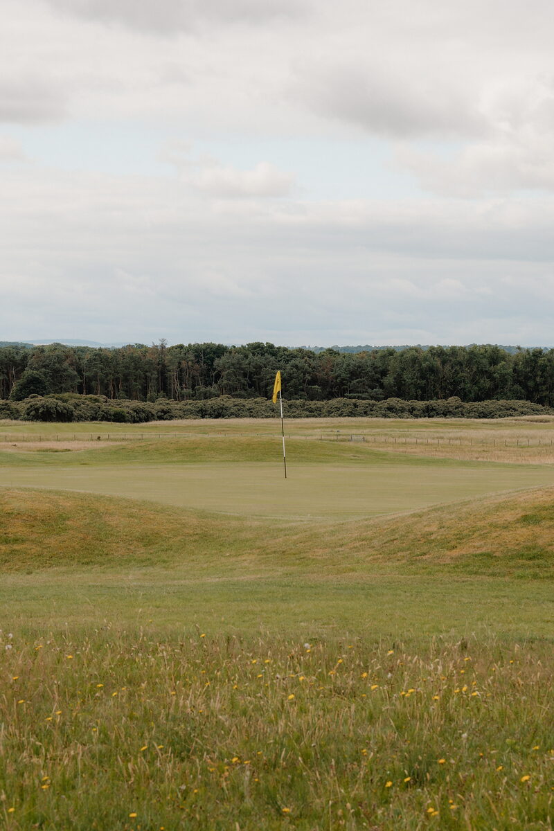 A yellow flag marking a green bordered by woodland and wildflowers in the rough grass
