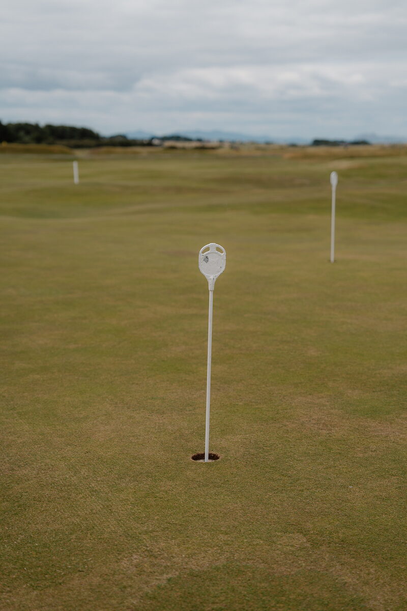 White markers dotting a practice green, more flags visible on the fairway beyond