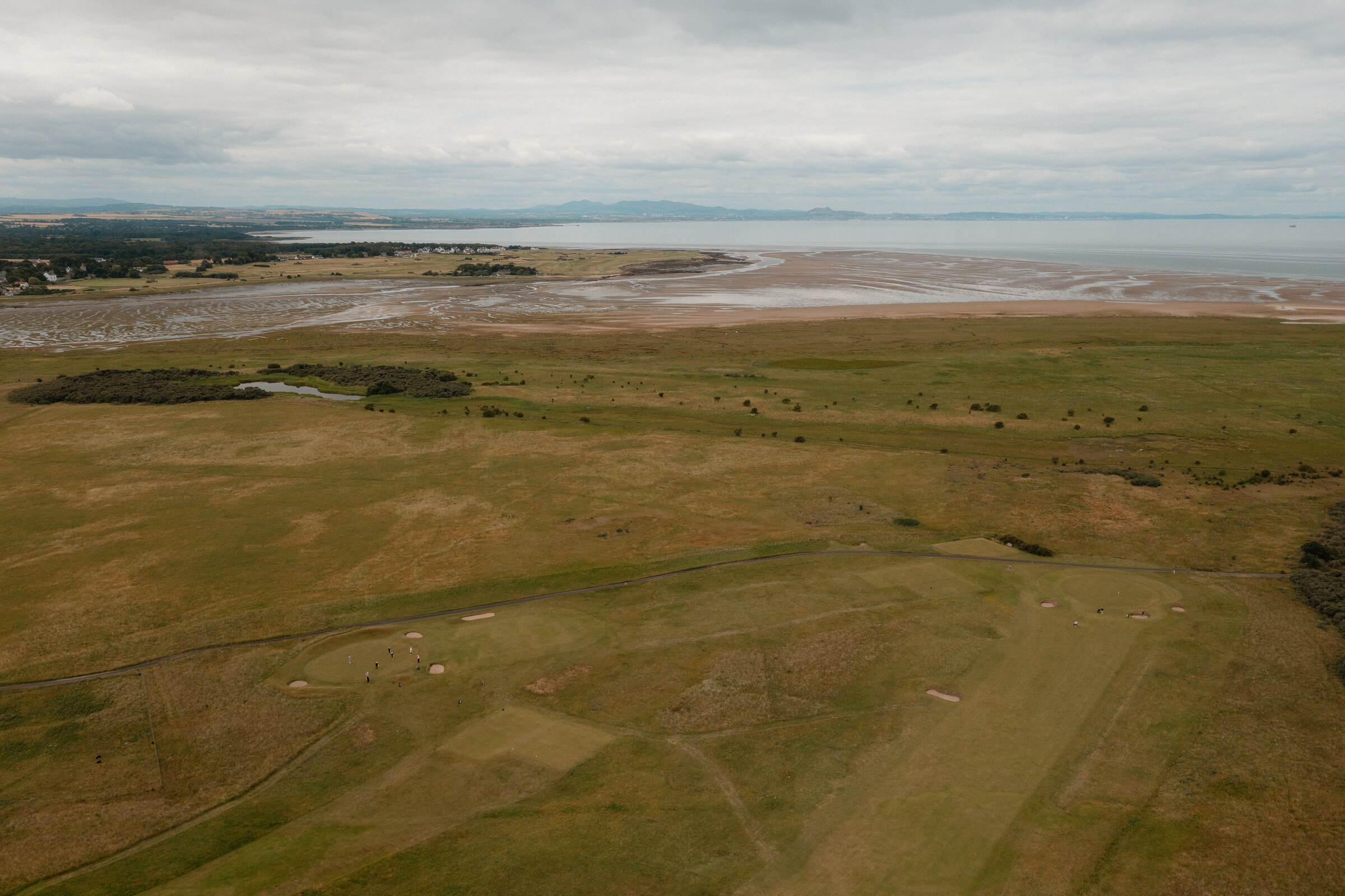A links course stretching towards a firth and sandbanks, cattle grazing across the fairway