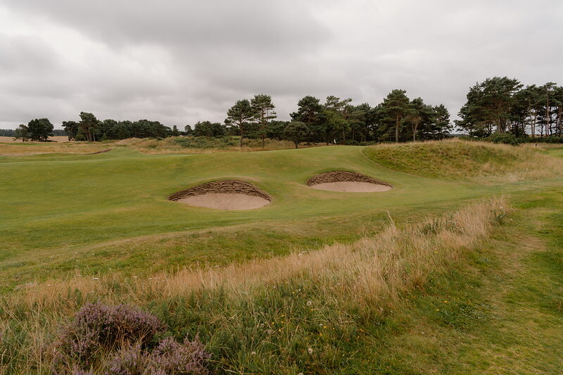 Twin bunkers set into a fairway bordered by pine trees and heather