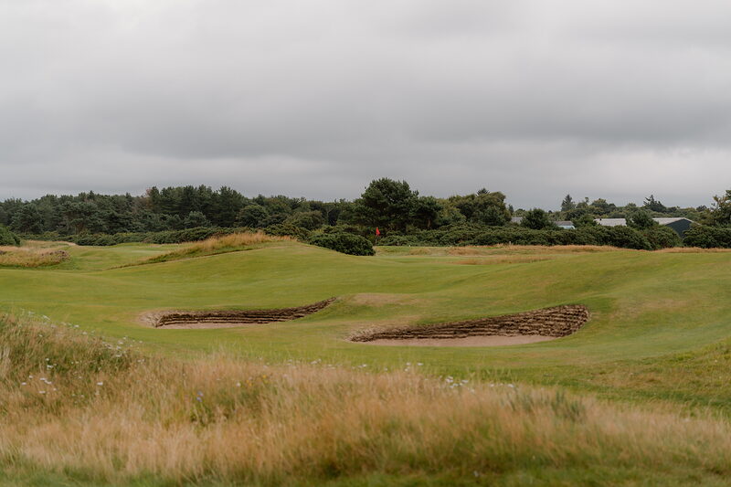 Twin bunkers set into a fairway bordered by pine trees and rooftops on the horizon