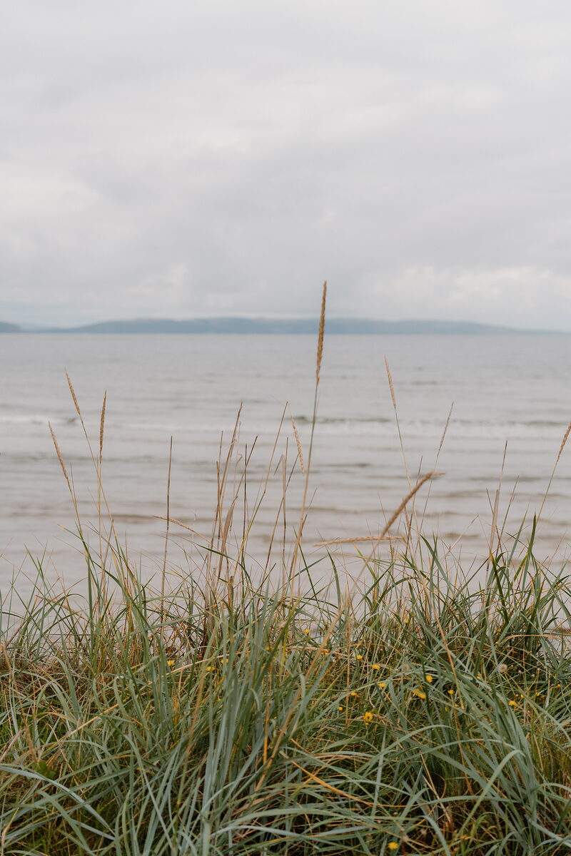 Tall dune grass framing a sandy beach and calm sea beneath a hazy hill