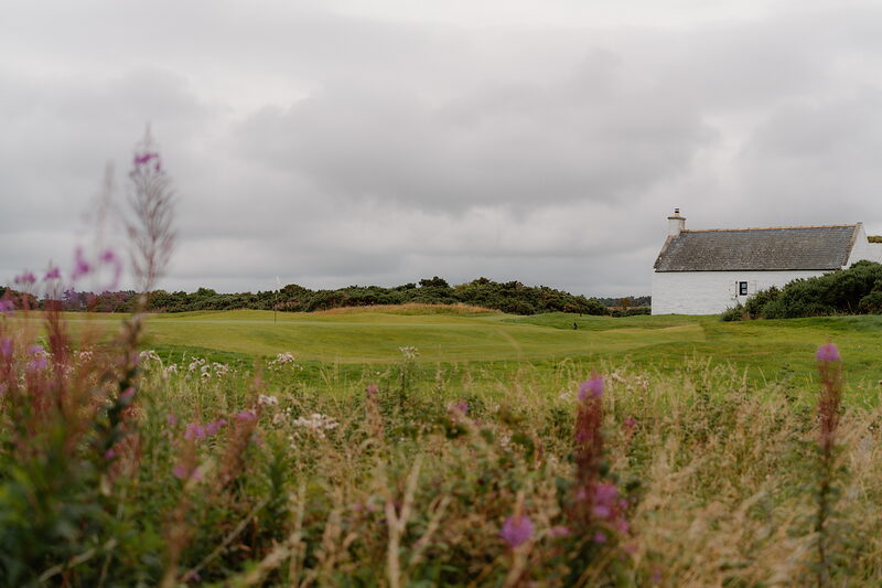 A white cottage set beside a fairway, willowherb and long grass filling the foreground