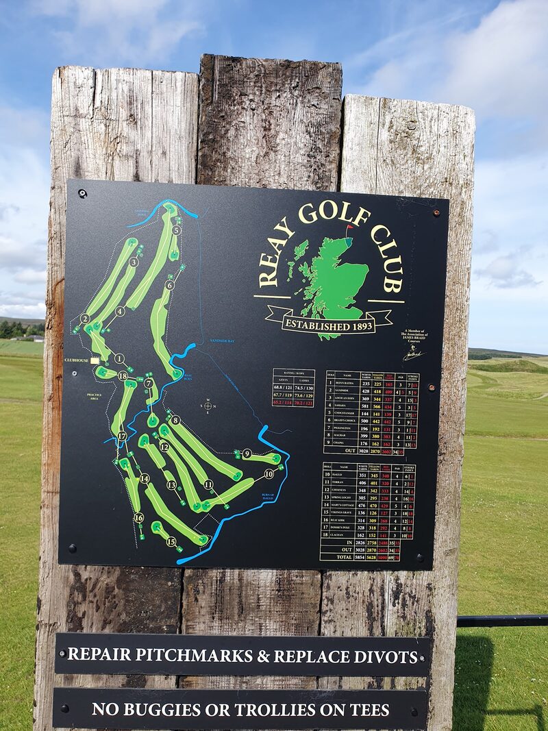 Reay Golf Club’s course board: a map of the eighteen holes beside the card, with every hole’s name, yards, par and stroke index.