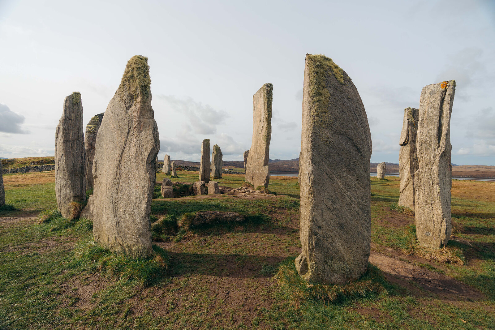 Tall lichen-covered standing stones form a circle on open moorland, lit by low golden light.