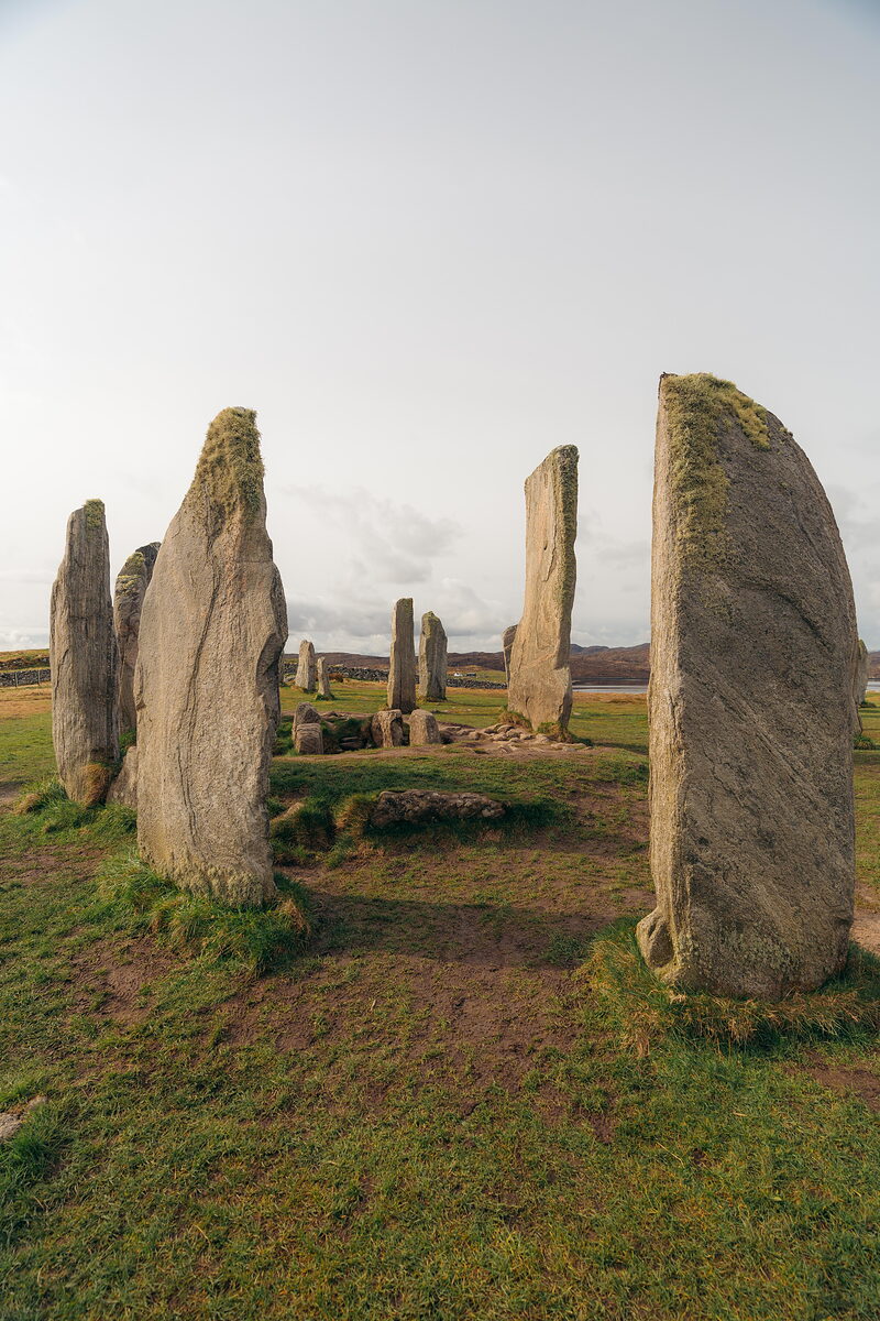 Tall lichen-covered standing stones form a circle on open moorland beneath a pale sky.