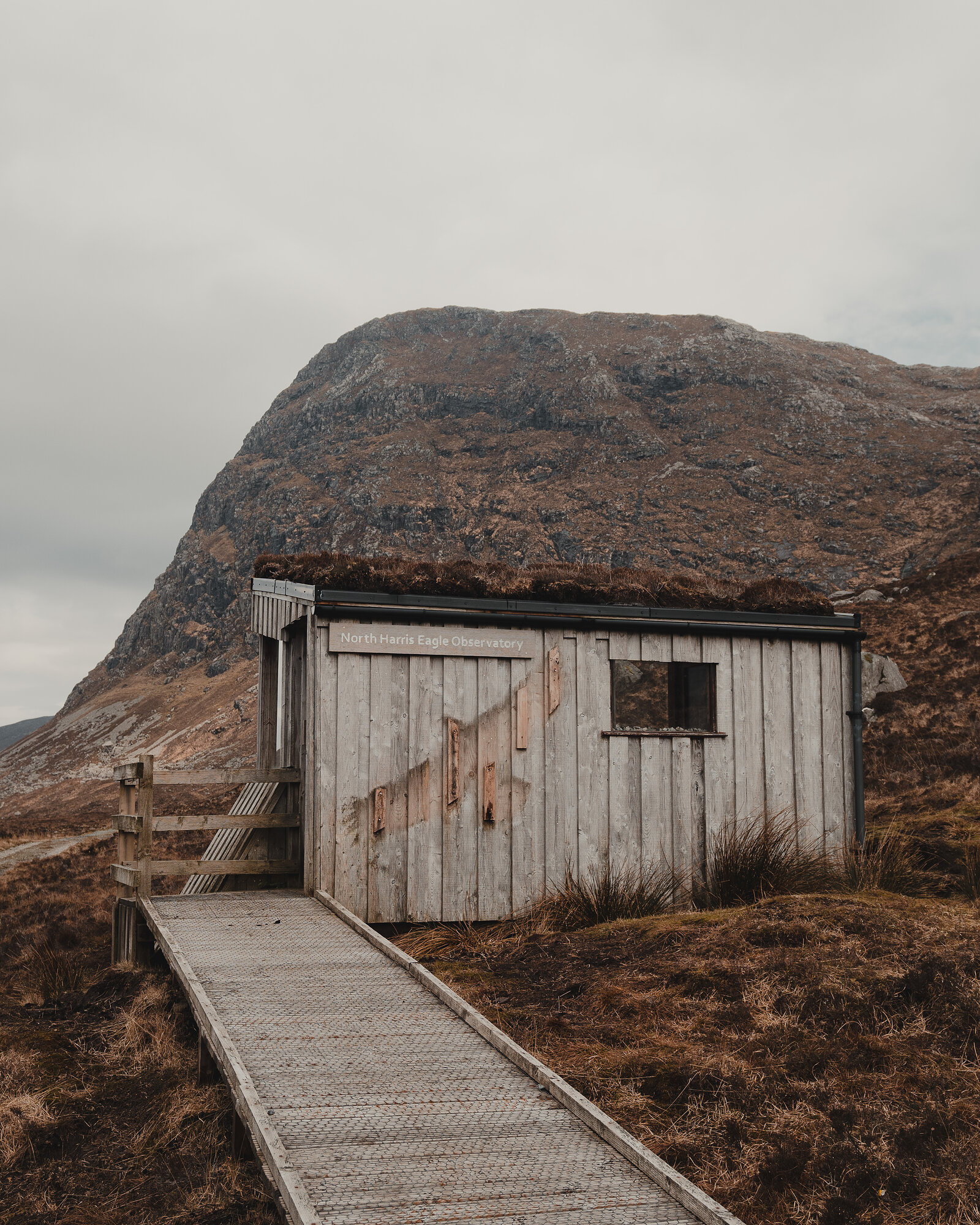 A weathered timber hut with a lettered sign stands at the end of a boardwalk, a large rounded mountain rising behind it.