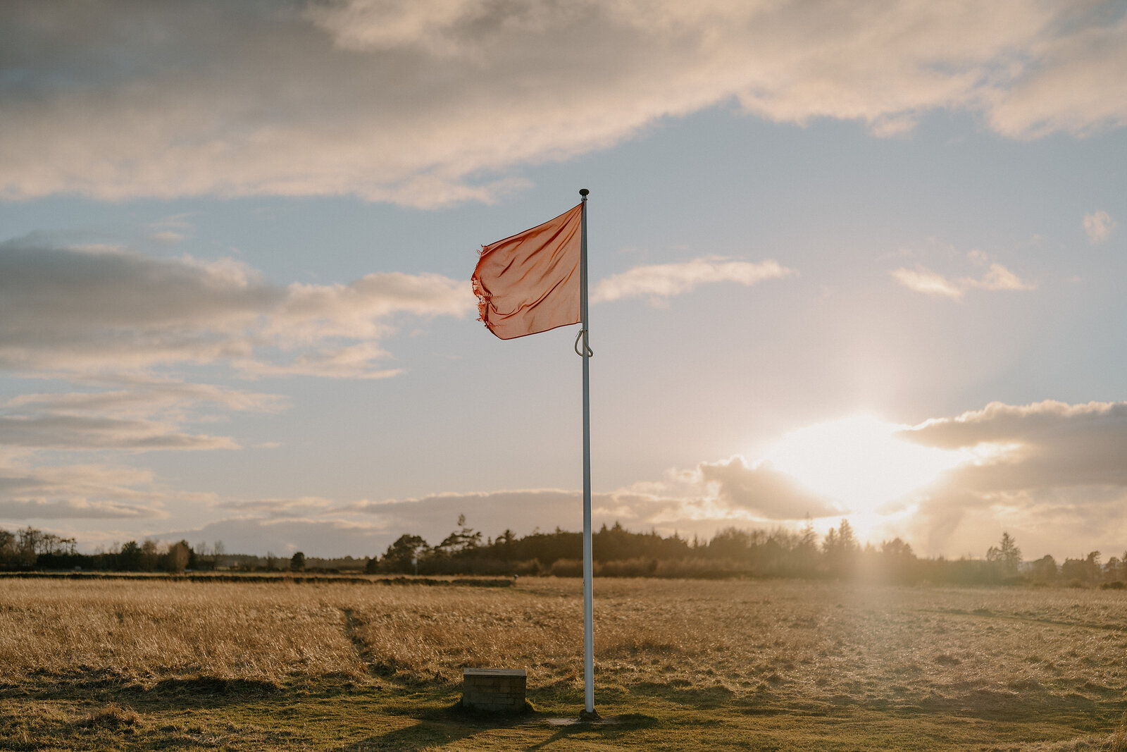 A flag on Culloden Moor against a glowing evening sky.