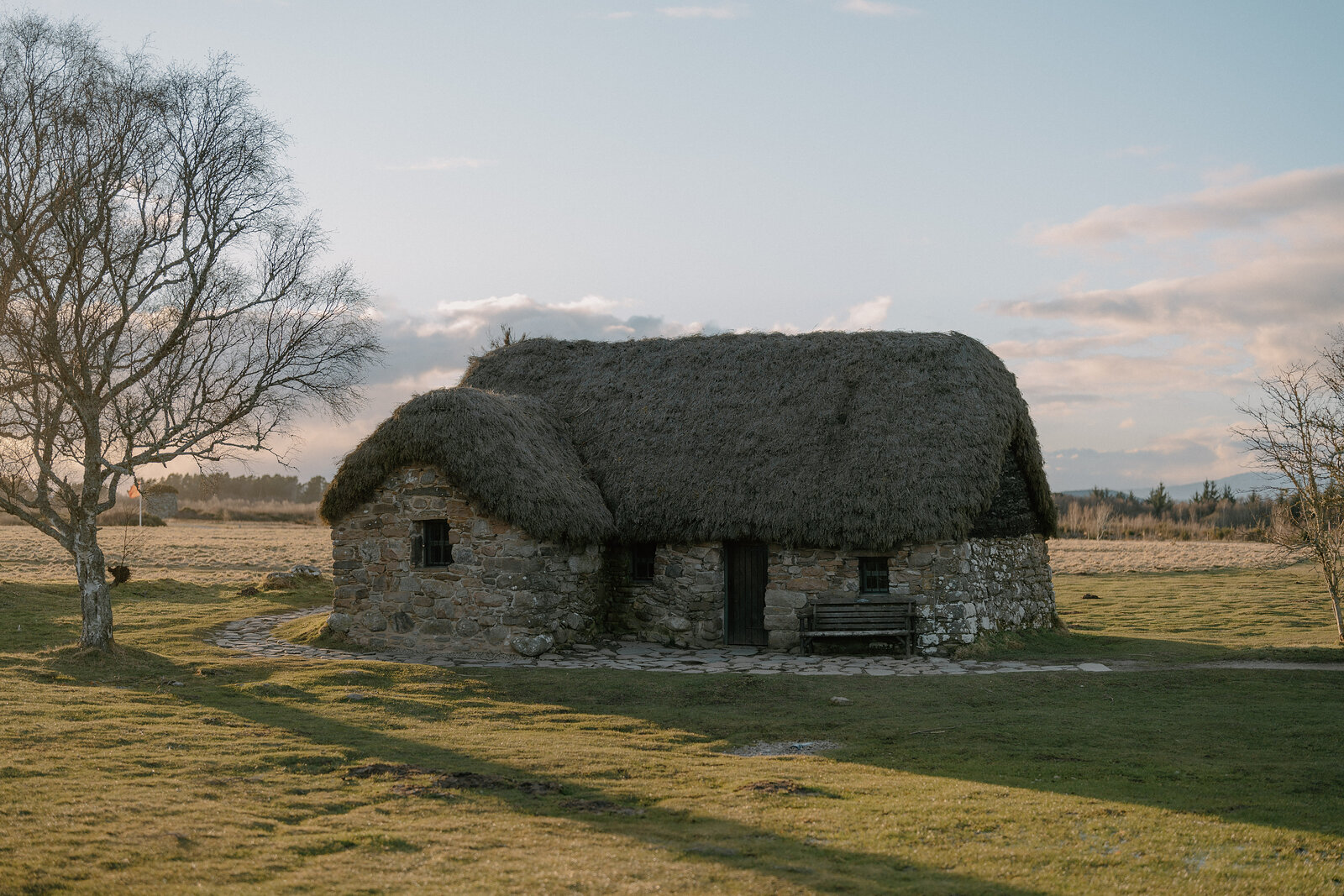 A whitewashed thatched cottage with small windows stands alone in an open field, a bare tree and bench nearby.