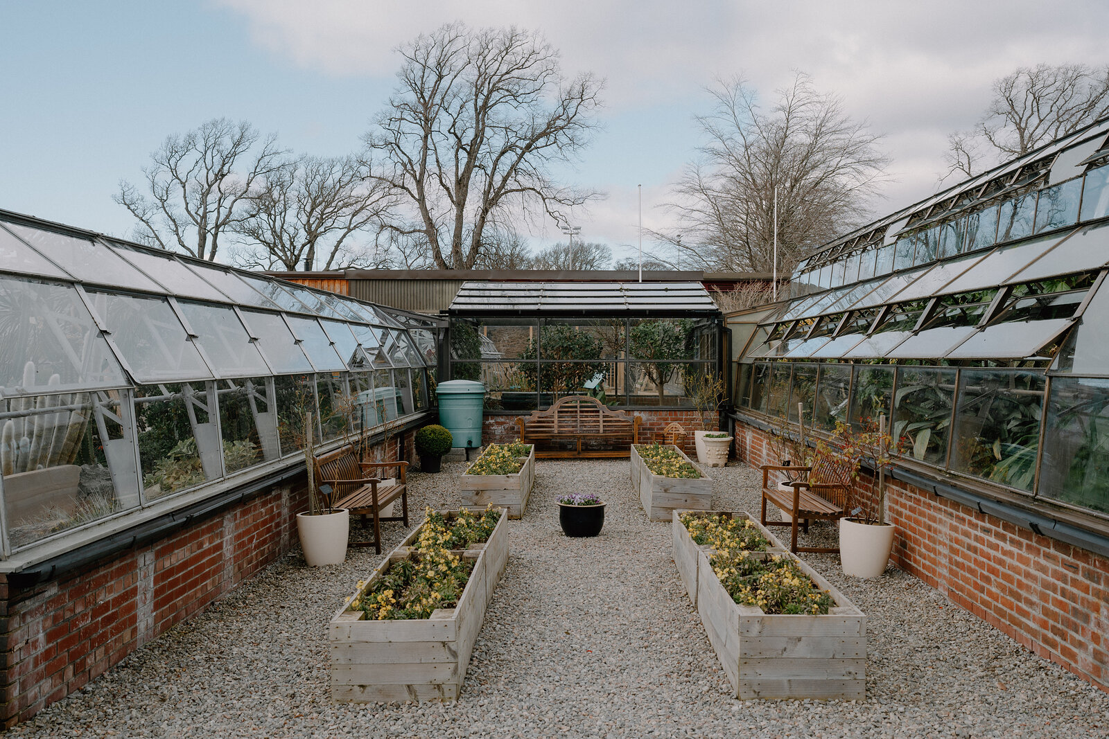A raised bed vegetable garden sits between two glasshouses linked by a central path, wooden benches and pots arranged around a stone urn.