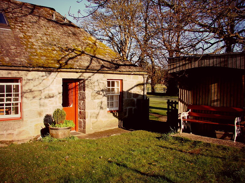 East Dell in spring sunshine, a low stone cottage with a red door and a mossy roof beside its garden and an old oak.