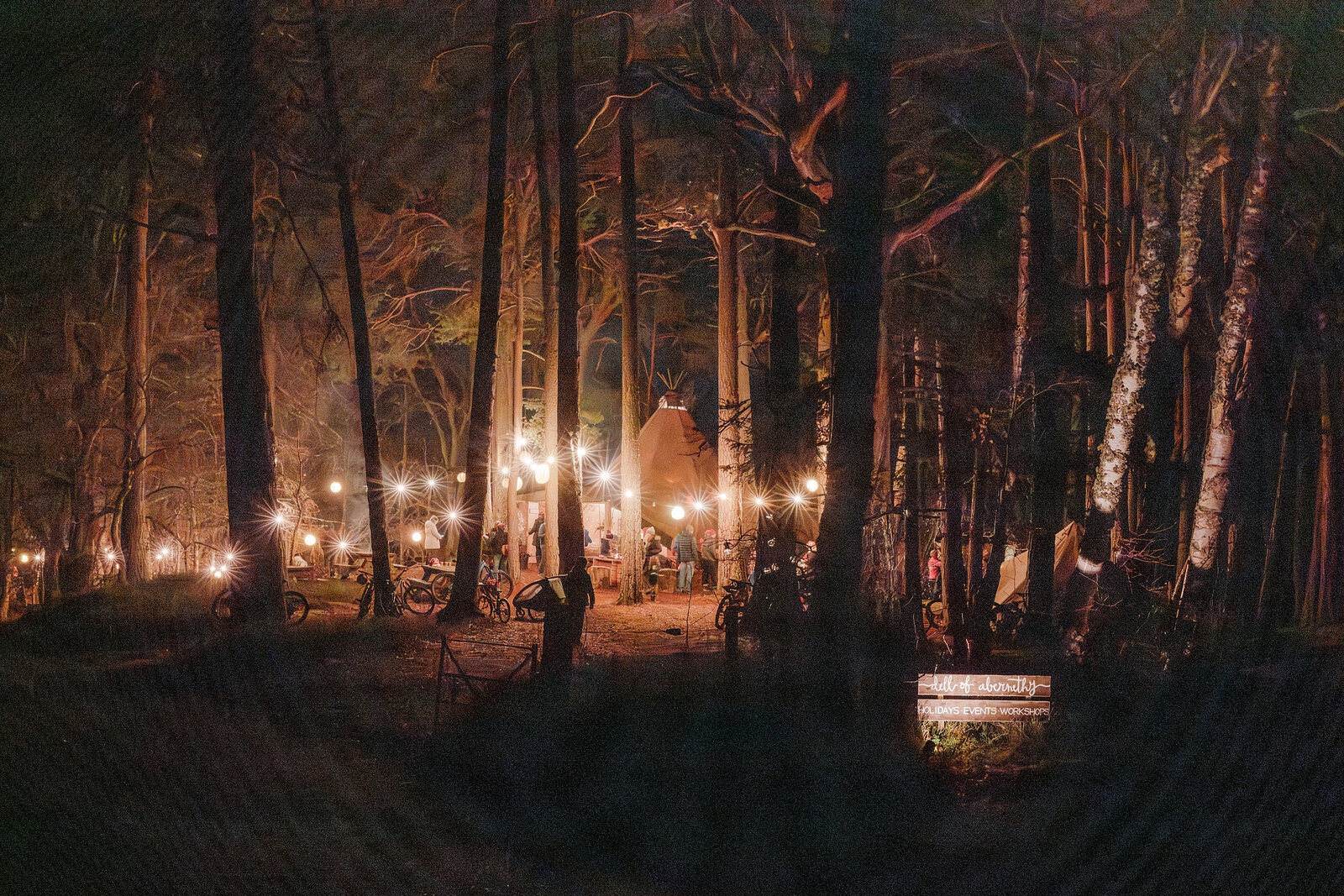 The woodland tipi at the Dell of Abernethy lit up among the pines at night, with strings of lights and the Dell sign glowing.
