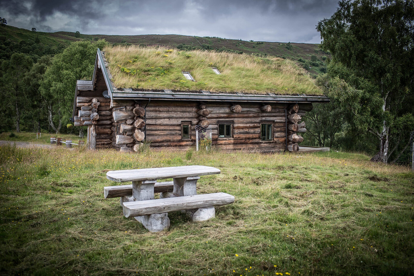 Buteo, a long turf-roofed log cabin on level ground, a log picnic table in the grass before it and the hill behind.