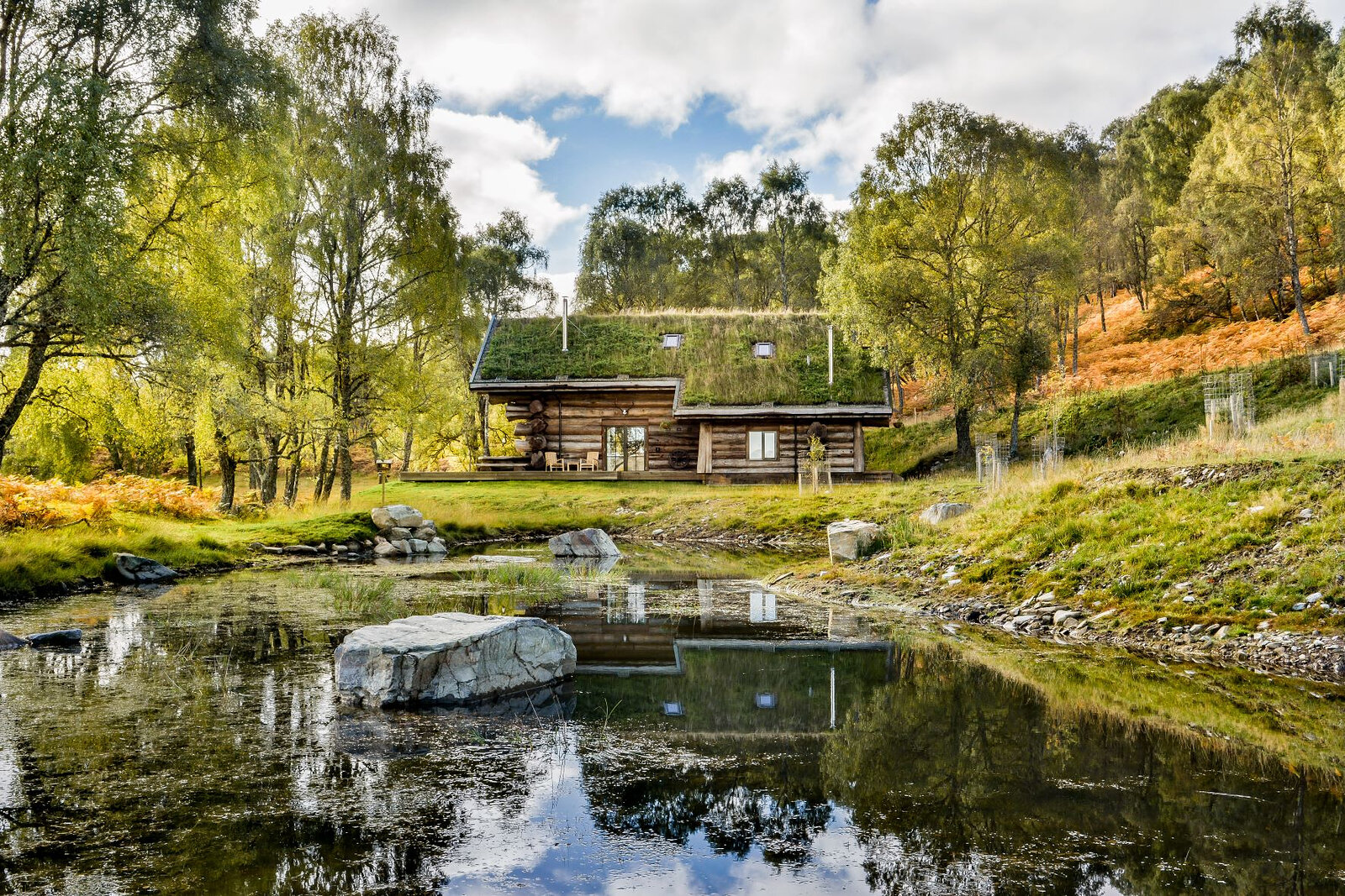 Loxia beyond its pond among spring birches, the cabin mirrored in the water under a blue sky.