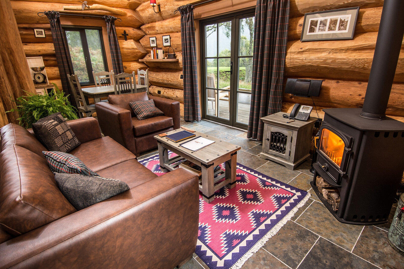 Sylvia's living room: leather sofas on a pink and blue rug, the stove burning by the glass doors.
