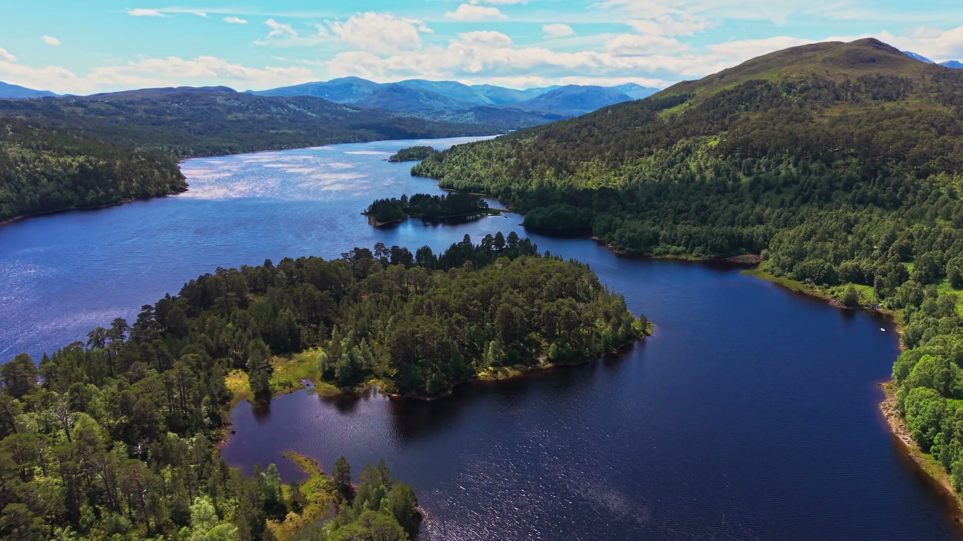 Over Loch Beinn a' Mheadhoin in Glen Affric, its pine-covered islands and the mountains blue beyond on a bright summer day.