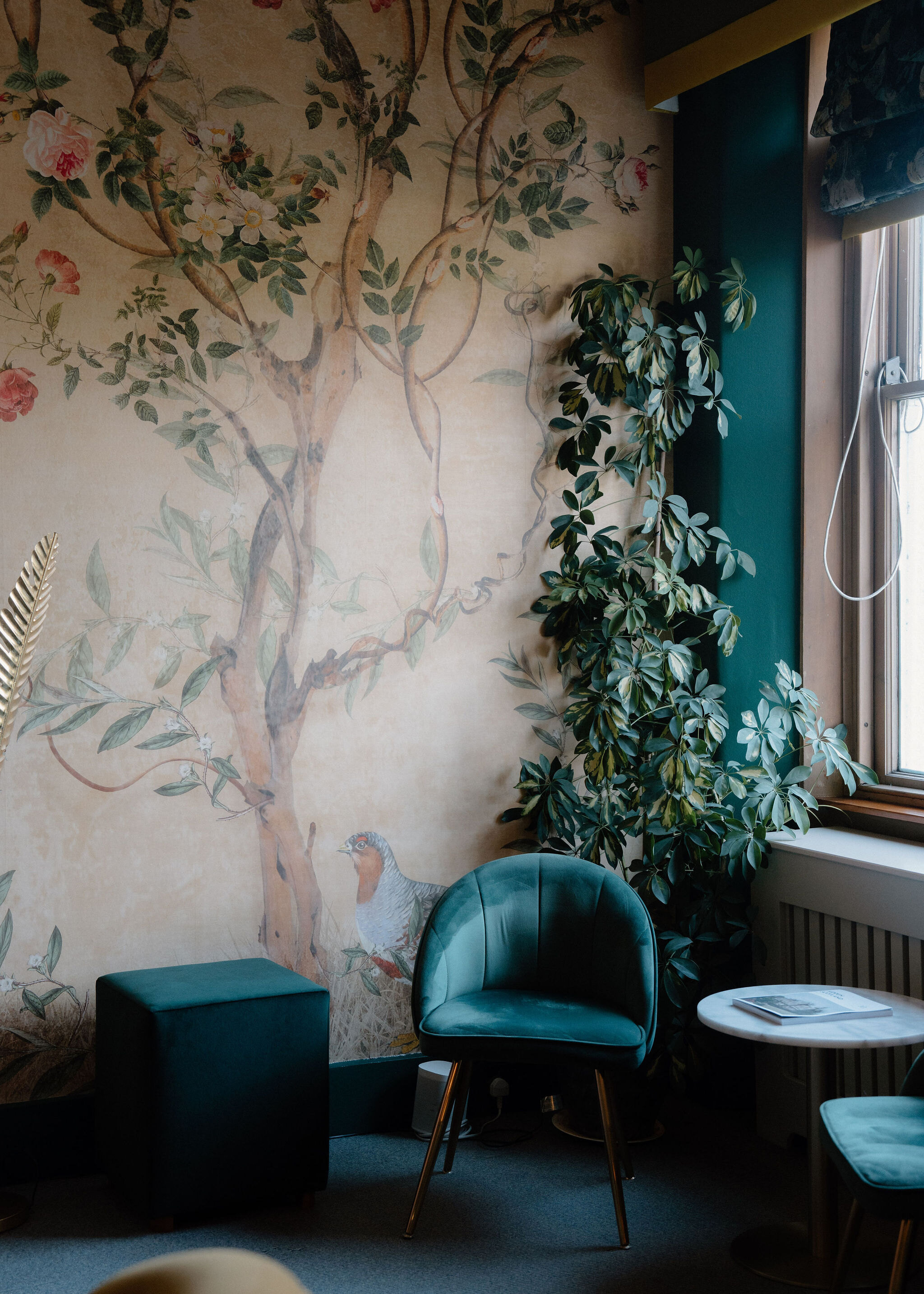 A corner of the lounge: painted bird-and-tree wallpaper, a teal velvet chair, a dark green footstool, a tall plant and a window.