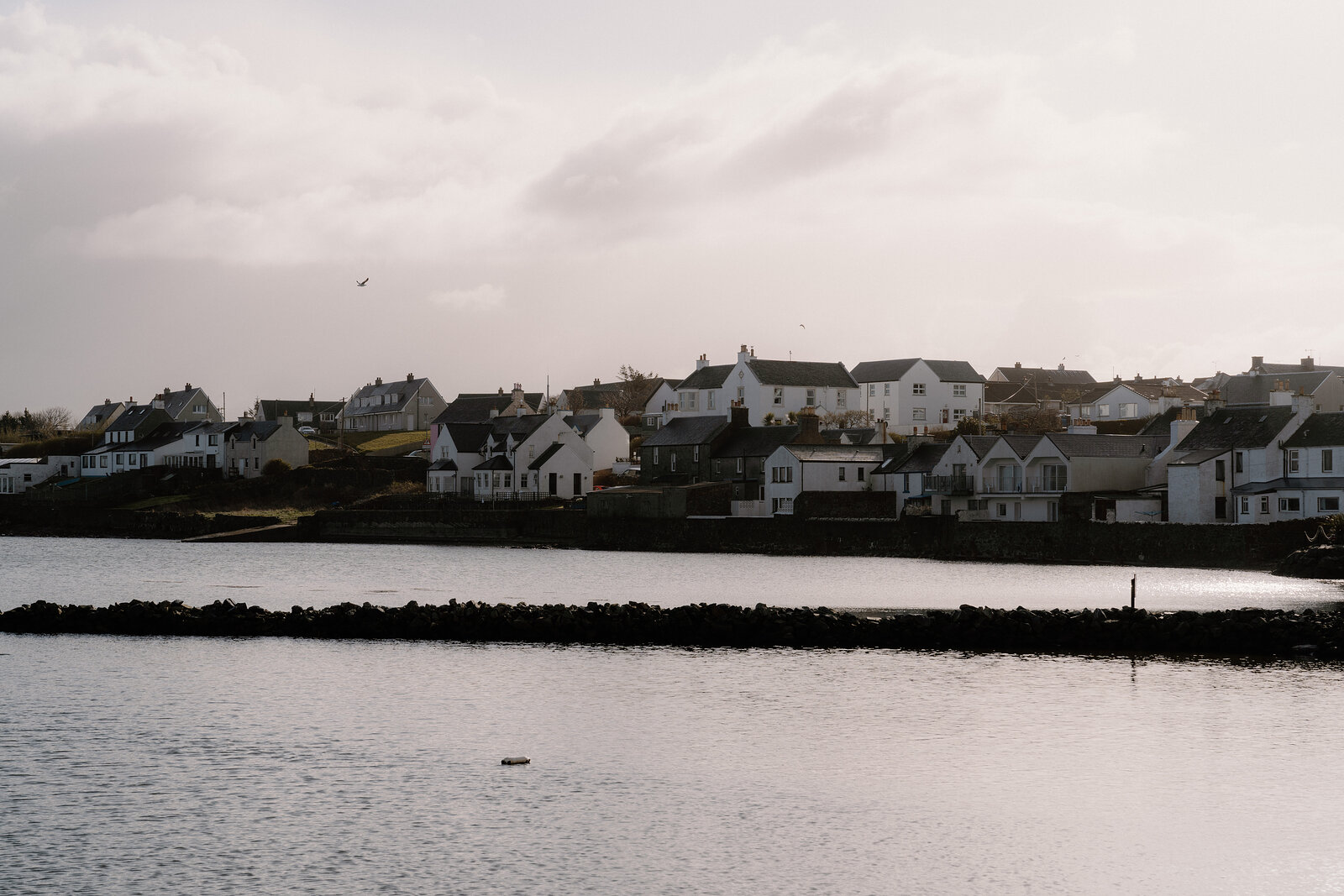 A row of whitewashed houses lines a curving bay.