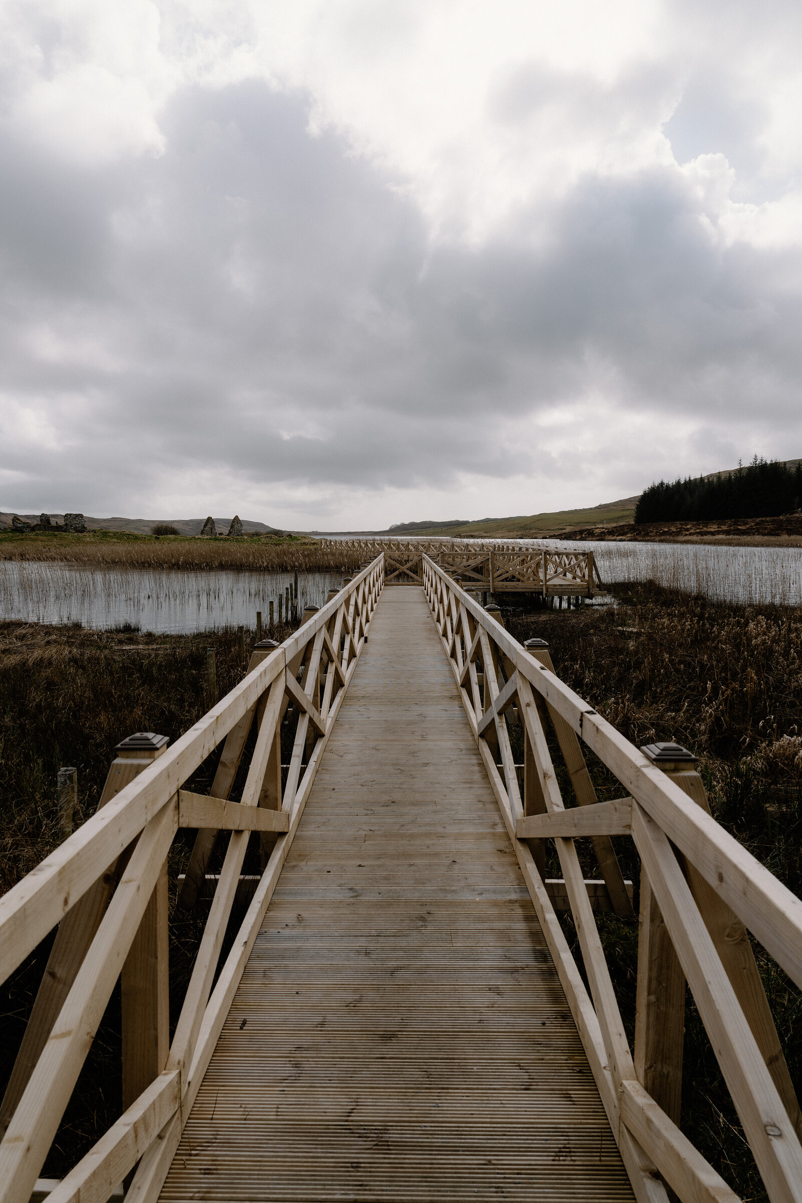 The timber walkway with its handrails running out over the reeds to Eilean Mòr, the chapel's two gables small on the island ahead.