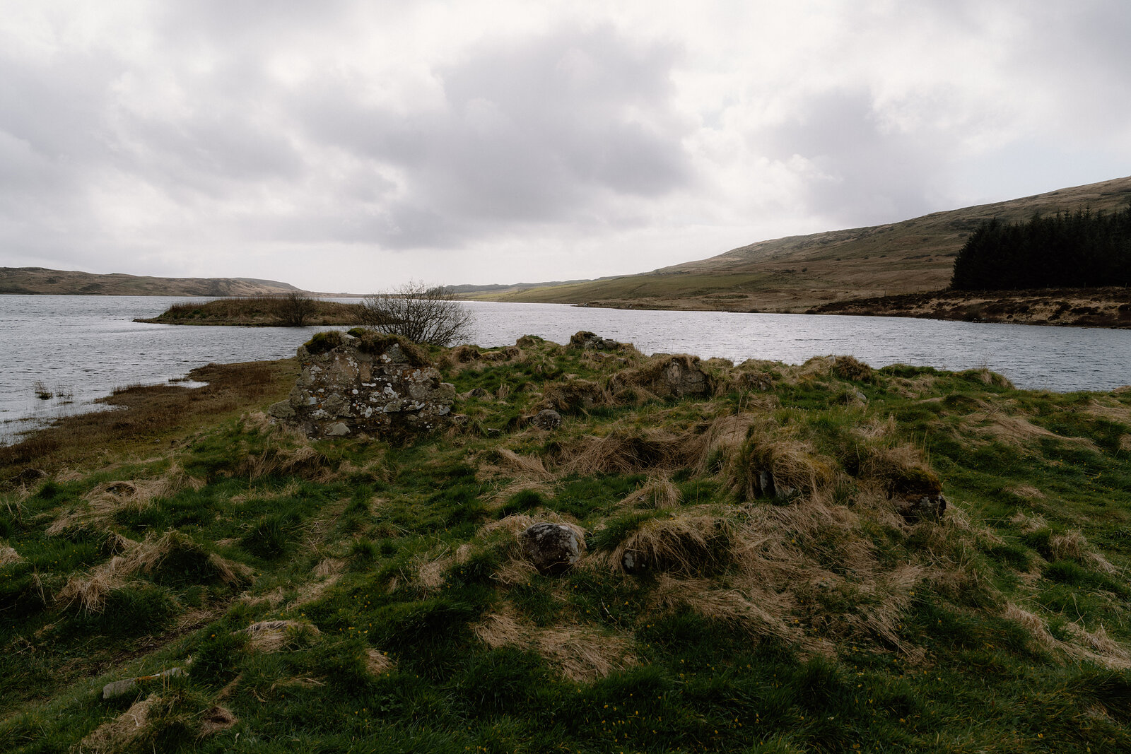 A small grassy islet with scattered ruins sits within a reed-fringed loch.