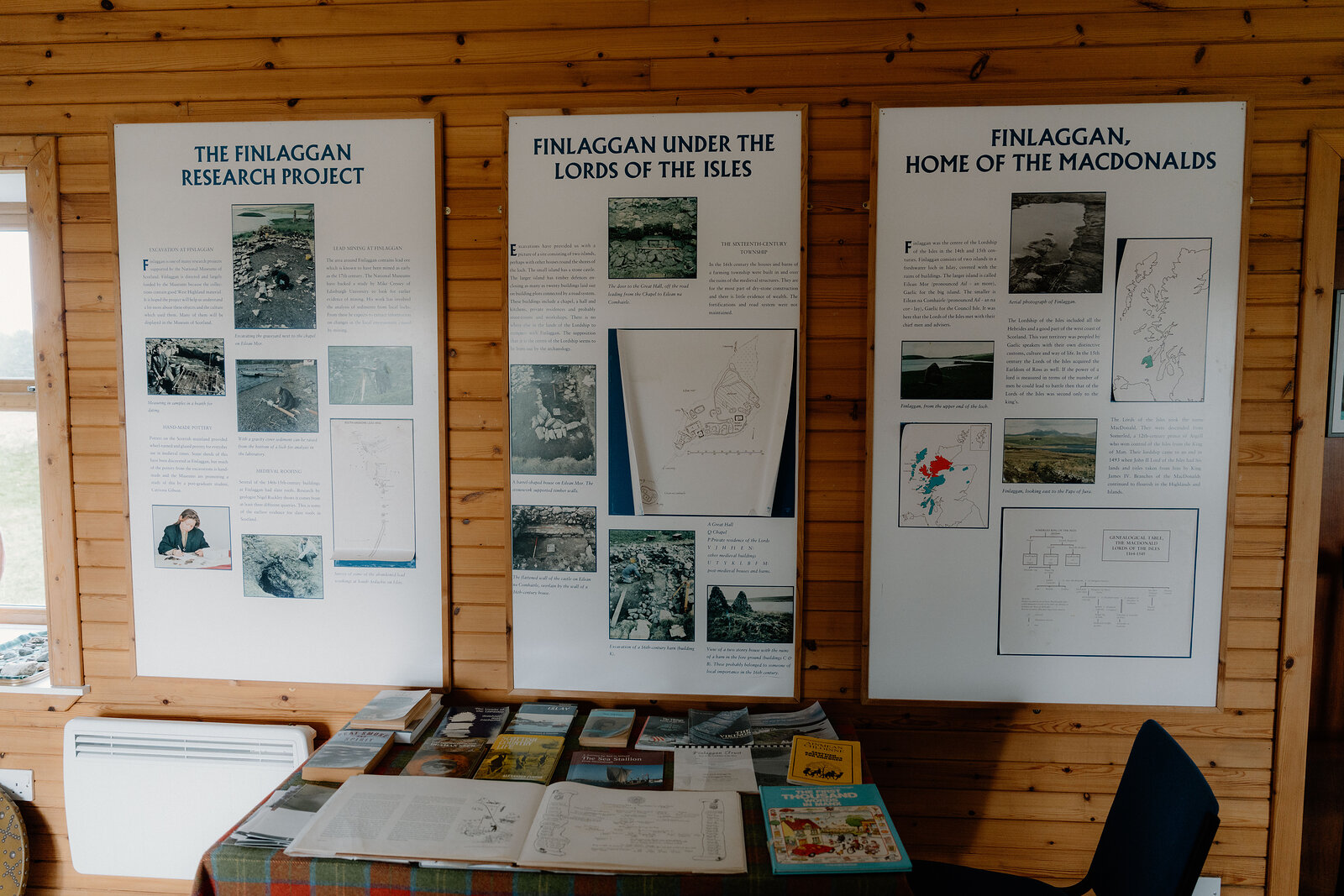 Information panels titled 'The Finlaggan Research Project' and 'Finlaggan, Home of the MacDonalds' line a wood-panelled wall.