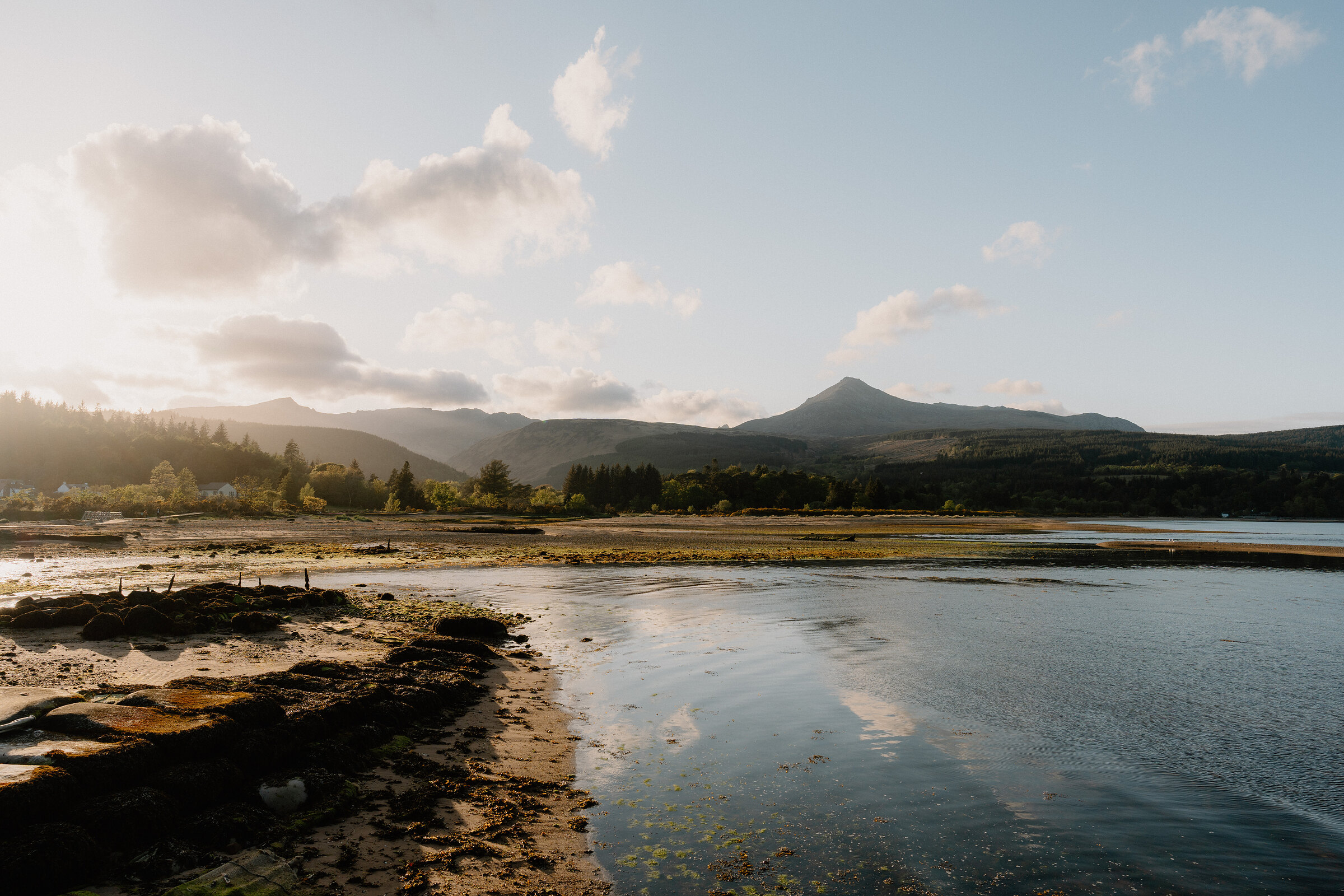 Goat Fell from Brodick Bay, early on a still morning.