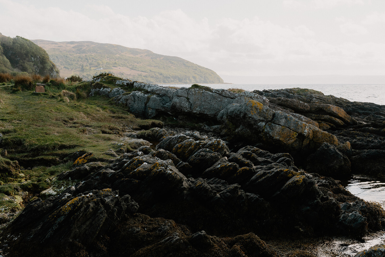Lichen-streaked rocks line a grassy shoreline, a wooded headland curving into the sea beyond.