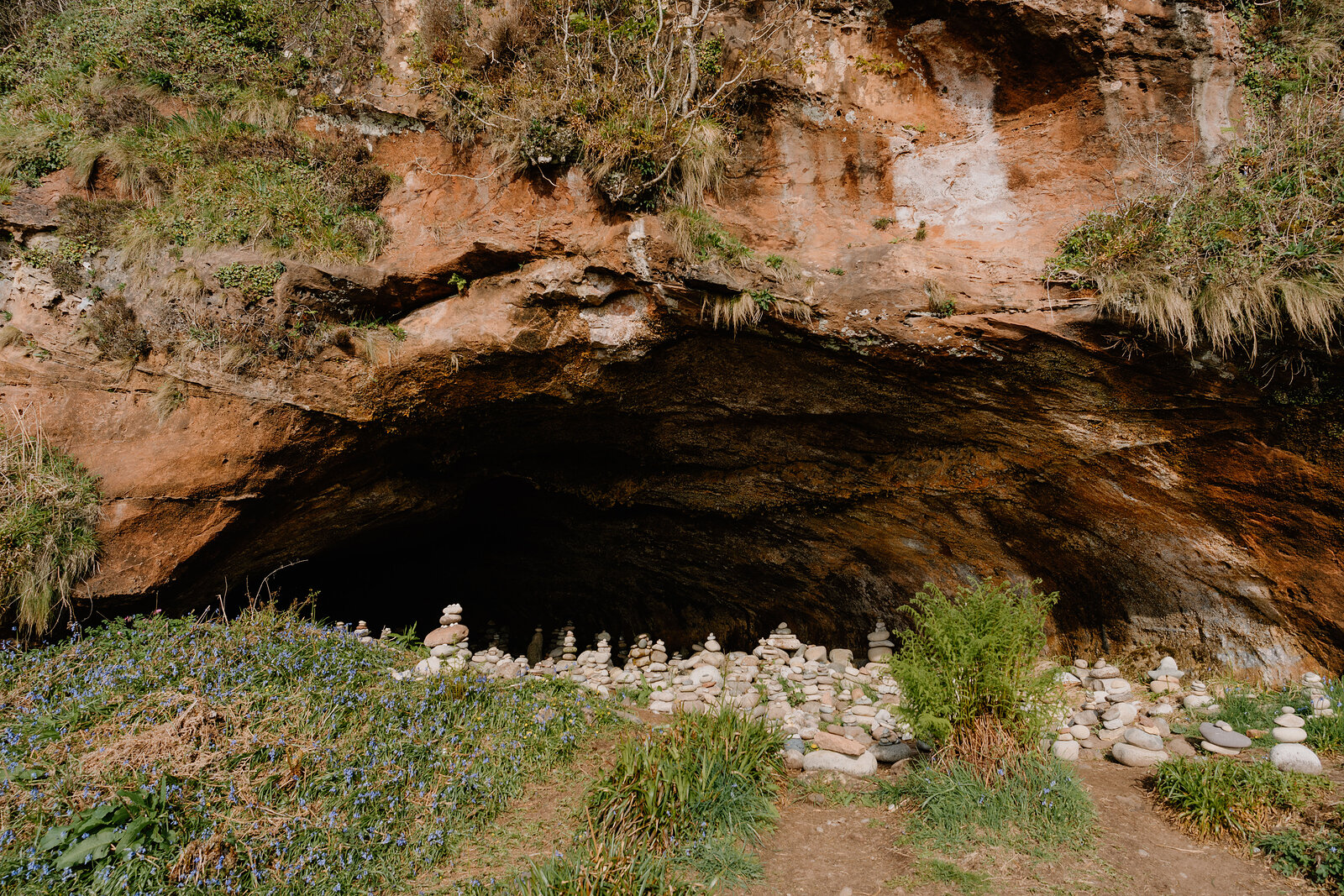 Small stacked stone cairns line the mouth of a sandstone sea cave, bluebells growing at its base.