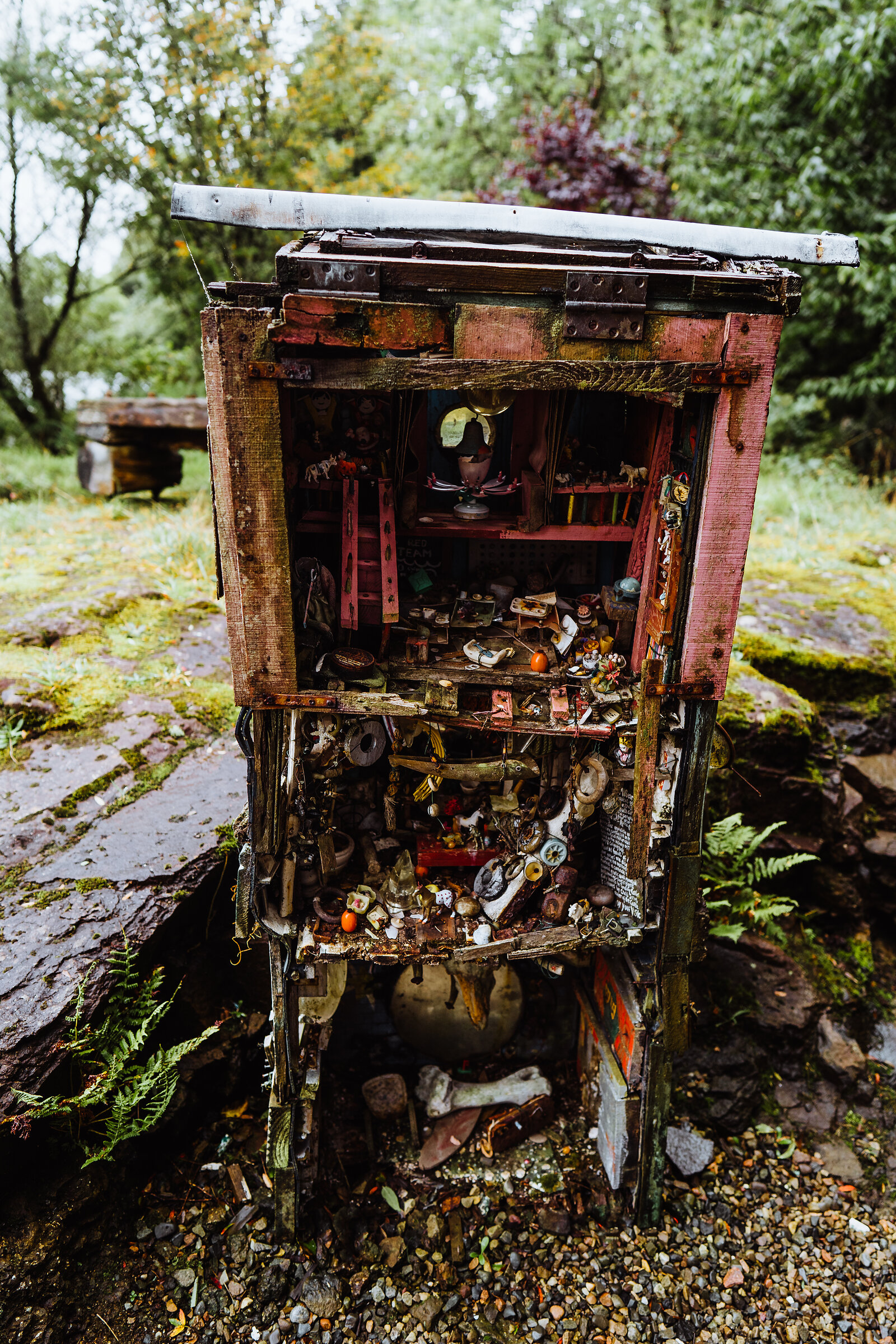 A rusted metal cabinet filled with tiny model rooms and found objects stands on mossy rock in a forest clearing, ferns growing at its base.