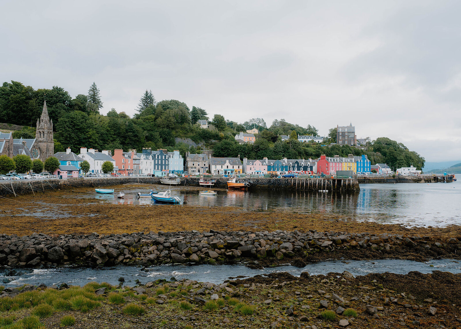 A wider landscape view of Tobermory's coloured houses and pier across the seaweed and stones of the bay.