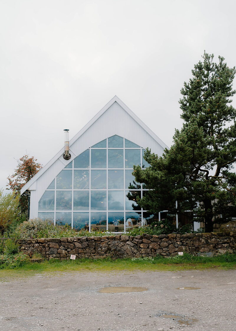 The white gable of the glass barn with its tall windowed front behind a dry-stone wall and a pine.