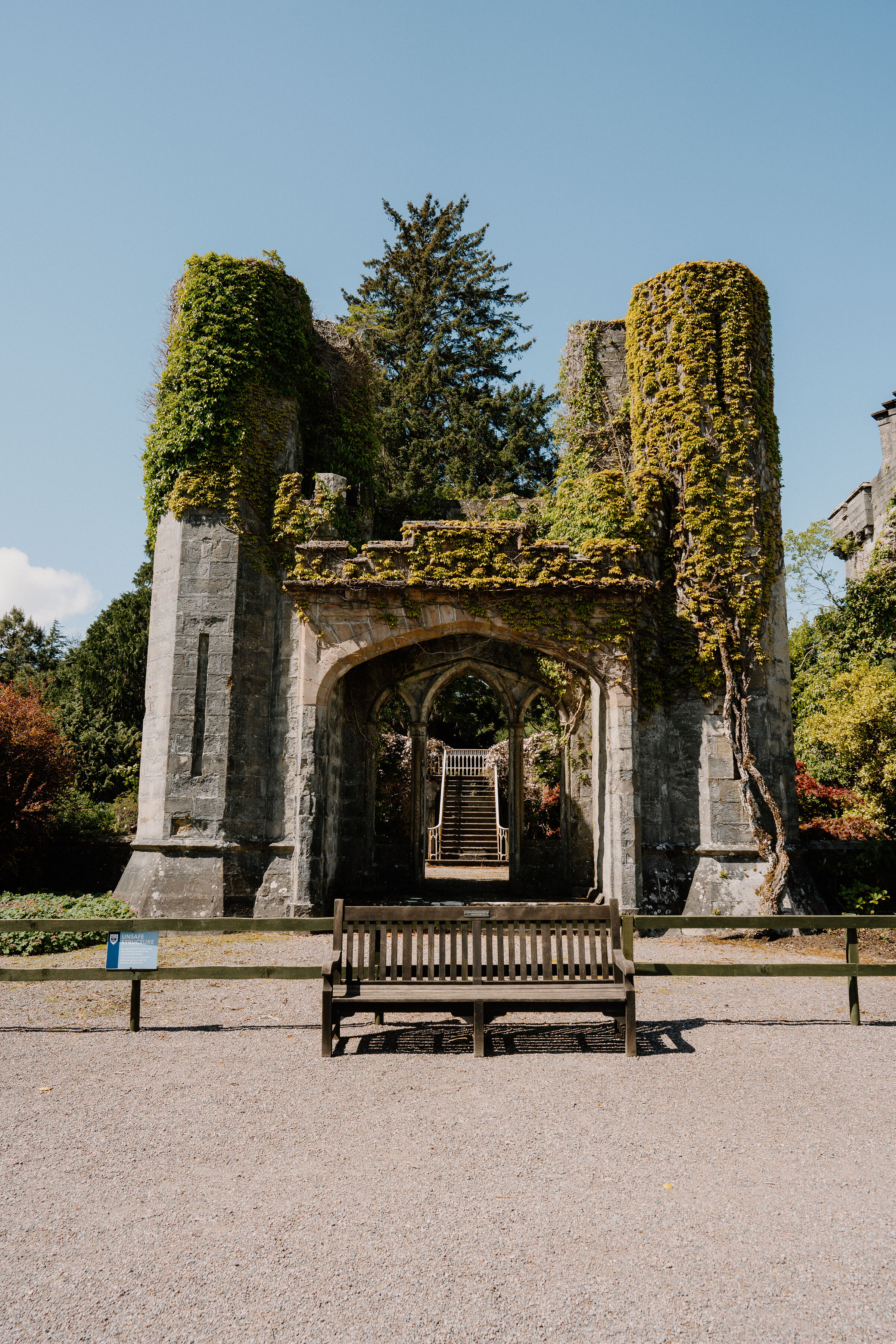 Ivy climbs a ruined stone archway leading to a garden path, a bench set before it.