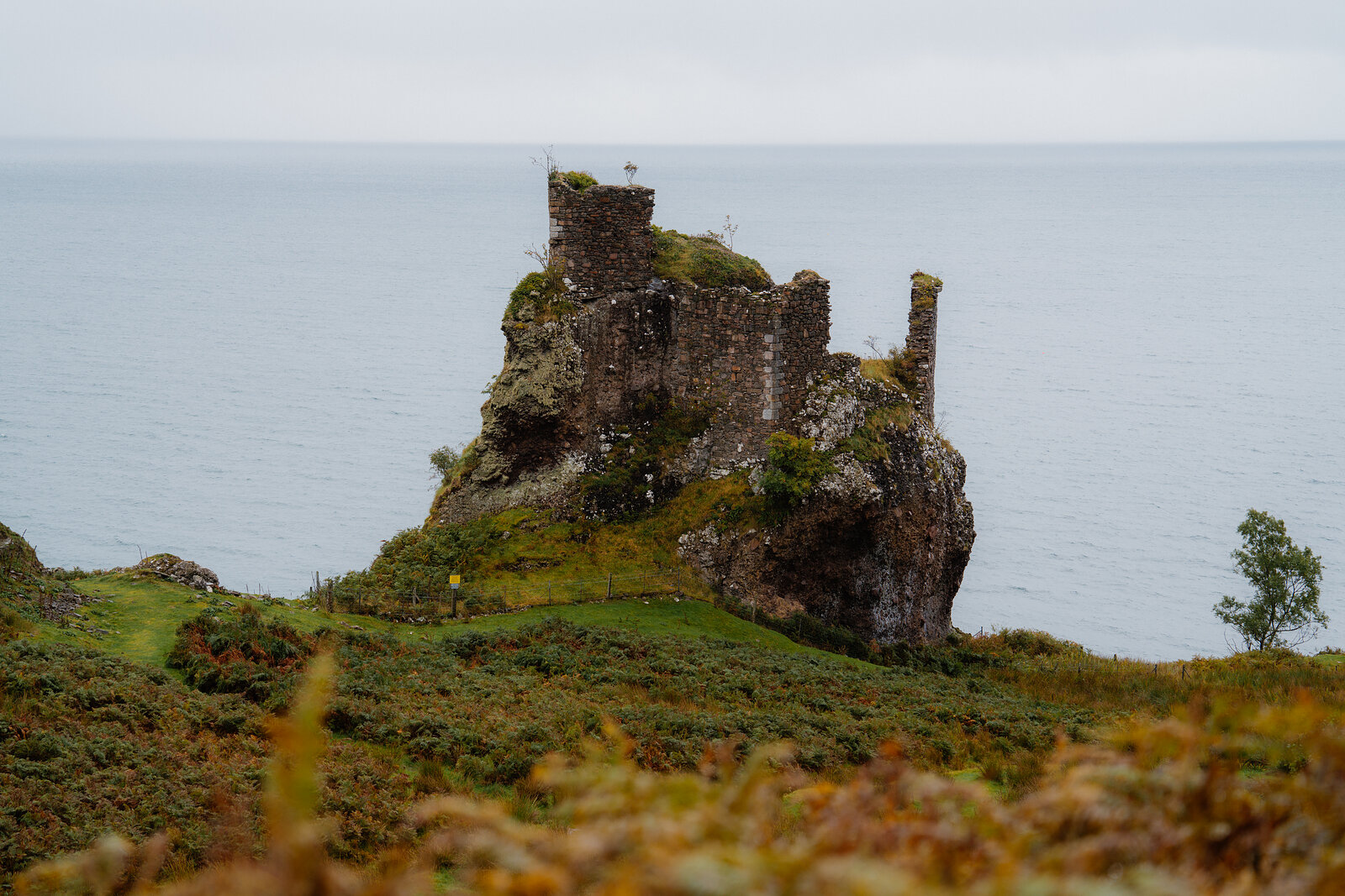 A ruined stone castle stands on a rocky headland above the sea.
